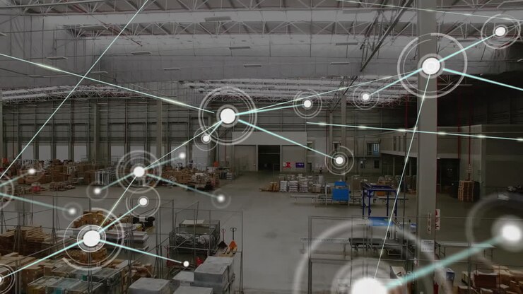 Animation of dots connected with lines over aerial view of goods in warehouse