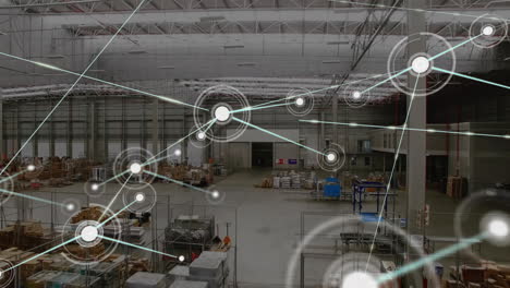 animation of dots connected with lines over aerial view of goods in warehouse