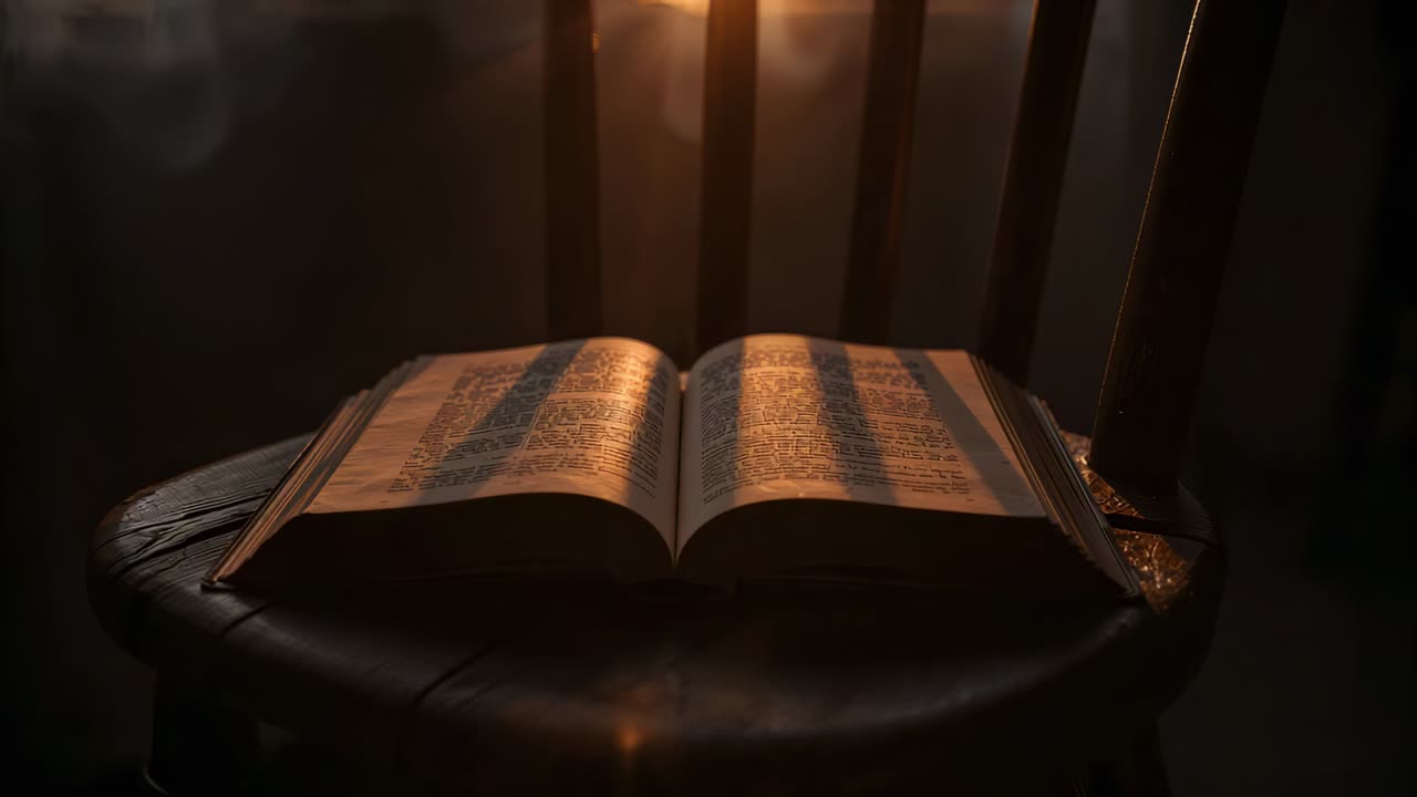 Raggio di luce che passa attraverso le fessure di una sedia, illuminando un libro aperto su uno sgabello in una stanza silenziosa, con del fumo che si disperde