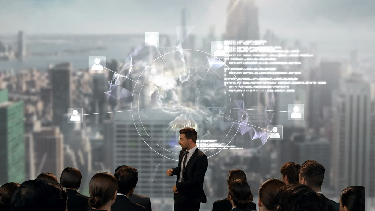 지구와 도시 풍경에 대한 프레젠테이션을 하는 코카시안 사업가의 애니메이션