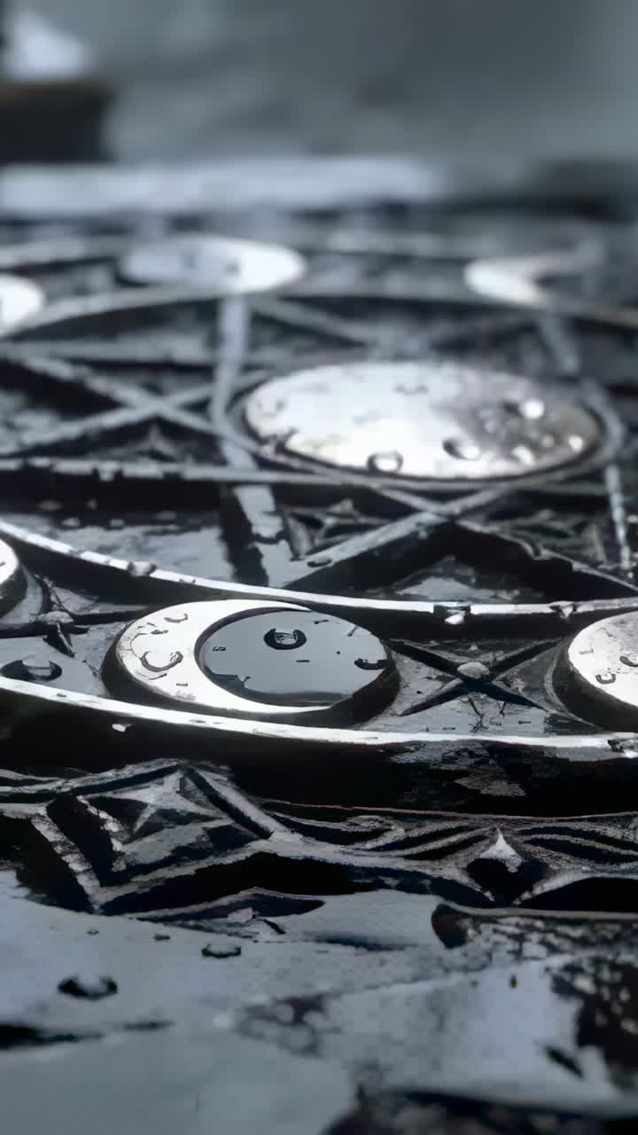 Vertikal video: Faldende regn rammer metalpanel, danner dråber og ringe på urban facade.