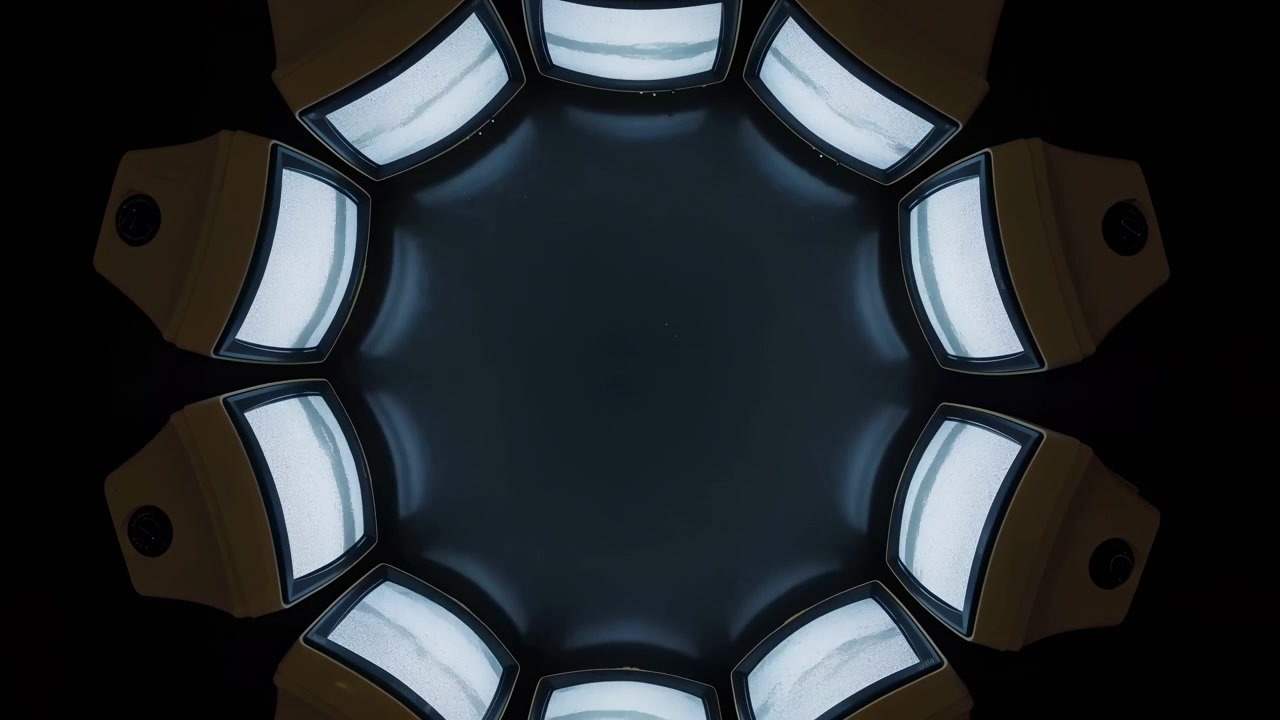 Symmetrical illuminated elements move around central dark area in abstract animation, showing repeating curved shapes, cool blue highlights, warm accents, and smooth rotational visual development