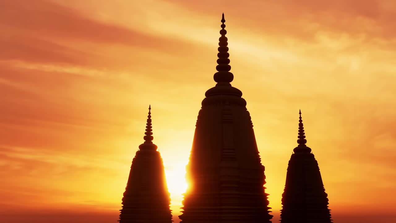 金色の夕焼け空を背景にした仏塔のシルエットのタイムラプス