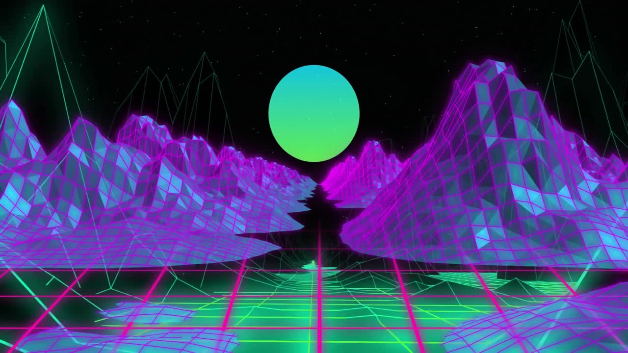 Glowing neon sphere hovering centrally over retro digital grid, surrounded by wireframe mountains
