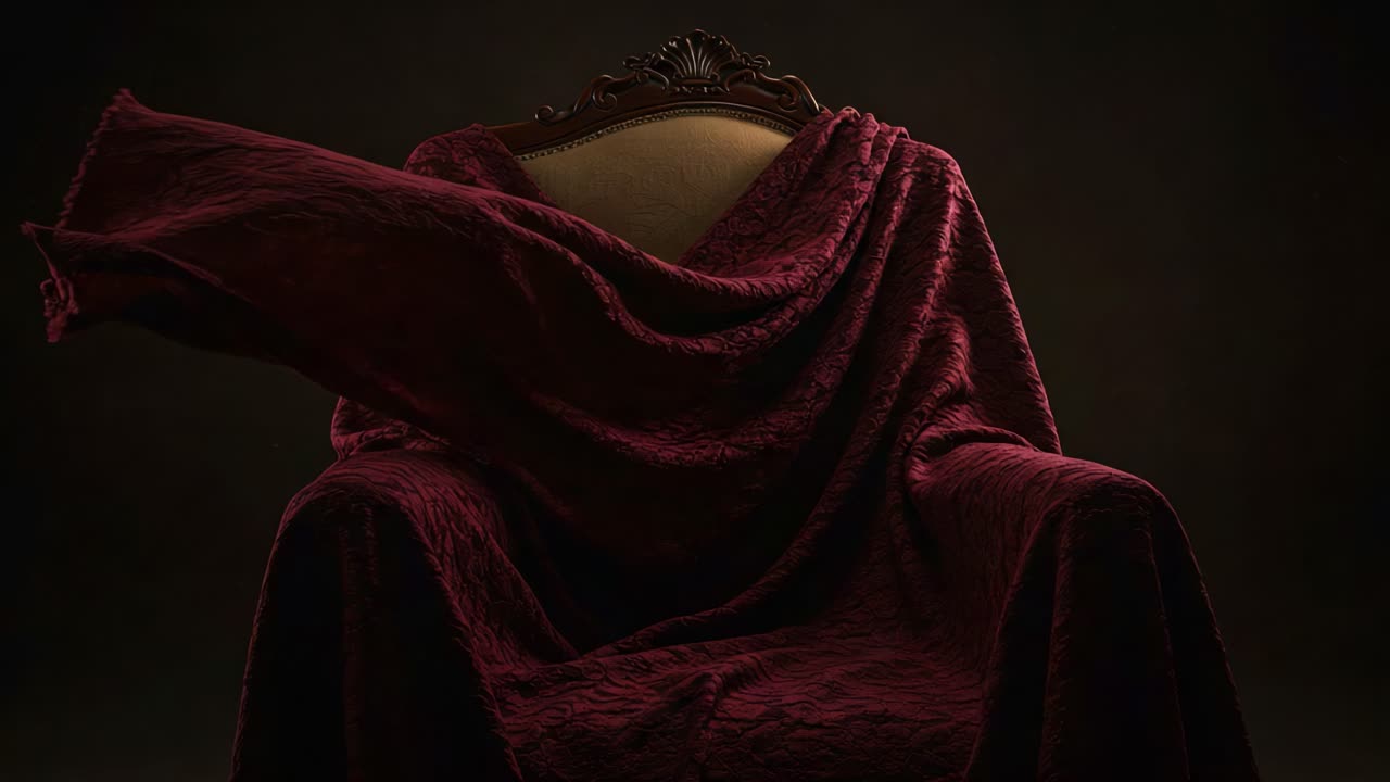 A Mysterious Elegance: The Transformation of a Draped Chair Wrapped in Red Fabric, Capturing the Intrigue and Depth of Color in an Artistic Setting