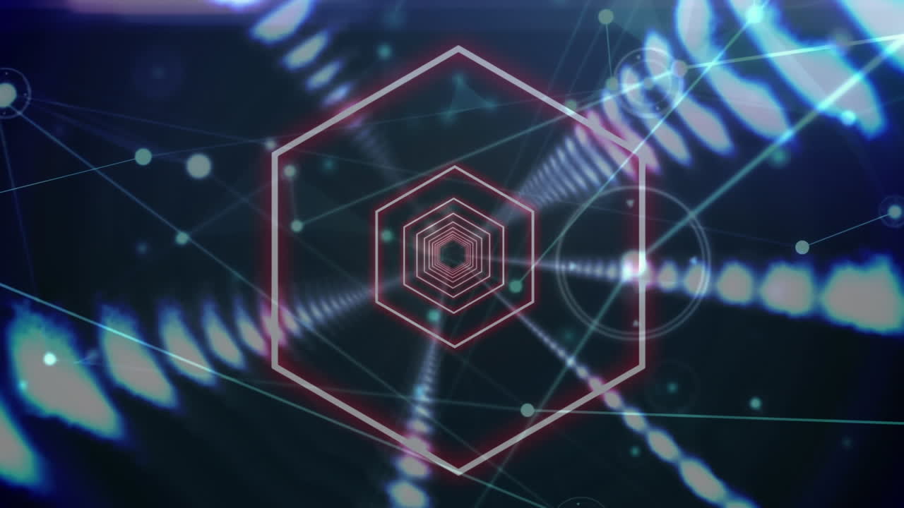 빛나는 불빛의 줄과 연결의 네트워크와 함께 지구, 네온 육각형의 애니메이션