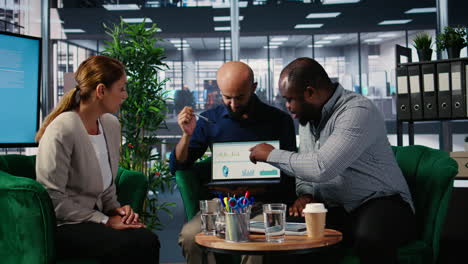 vertical video business meeting with determined leaders working through strategy