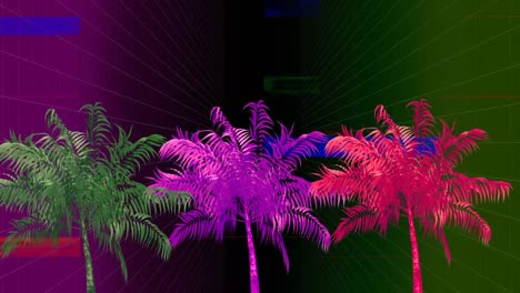Front-view-of-multi-coloured-palm-trees-against-crackling-in-black-background