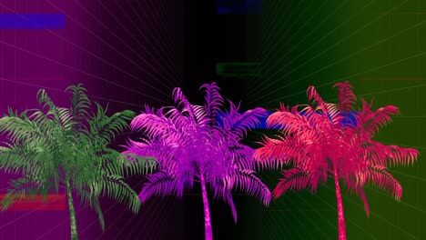 front view of multi coloured palm trees against crackling in black background