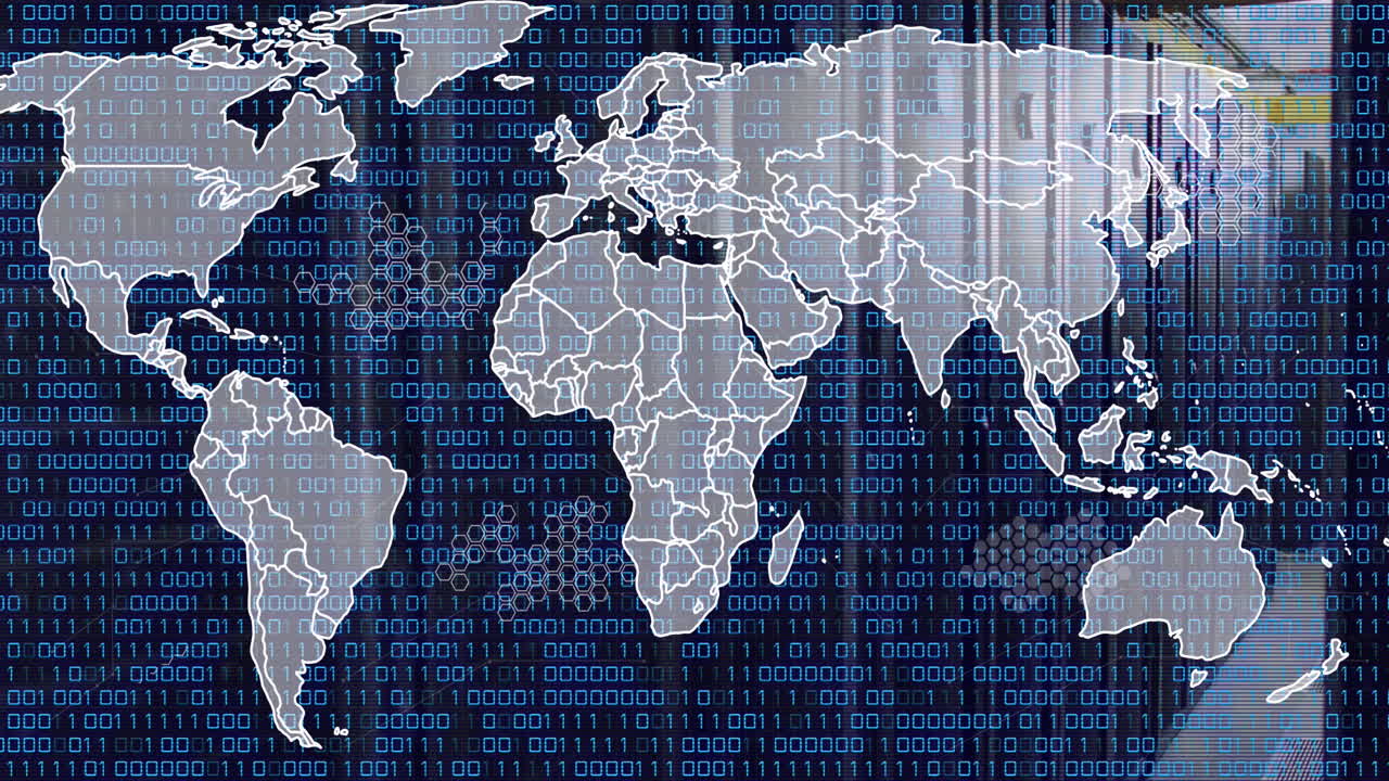 Animation of world map and binary coding data processing against computer server room
