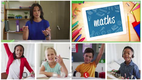 animación de seis pantallas de diversos niños, maestros y textos de matemáticas durante la lección escolar en línea
