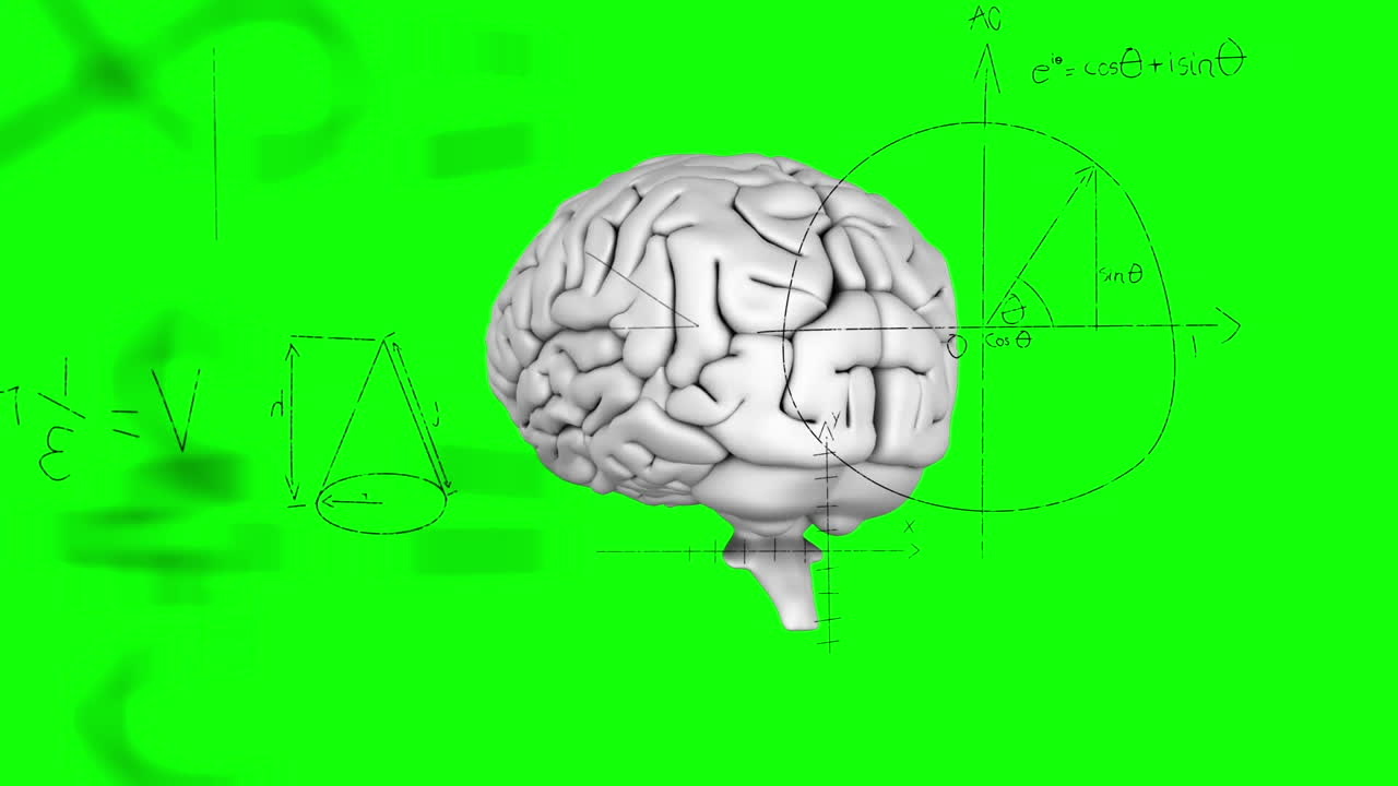녹색 배경에 대한 인간의 디지털 뇌에 대한 수학적 방정식과 다이어그램의 애니메이션