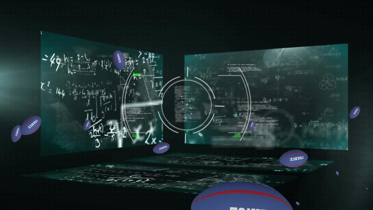 Animation of data processing over rugby balls with france texts