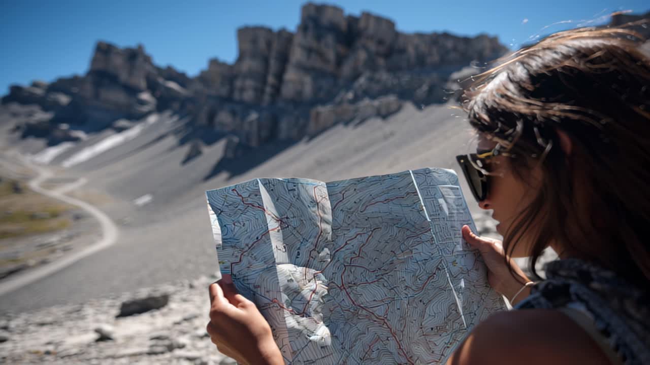Close-up footage of a young woman wearing sunglasses studying a paper topographic map outdoors, with rugged alpine peaks and a trail in the background