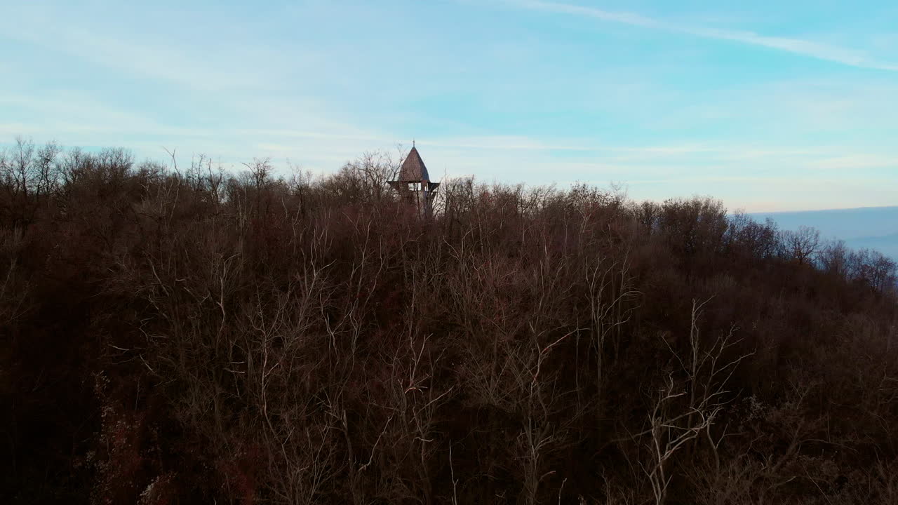 언덕 위의 관점이 있는 숲 위로 비행 - 배경에 구름