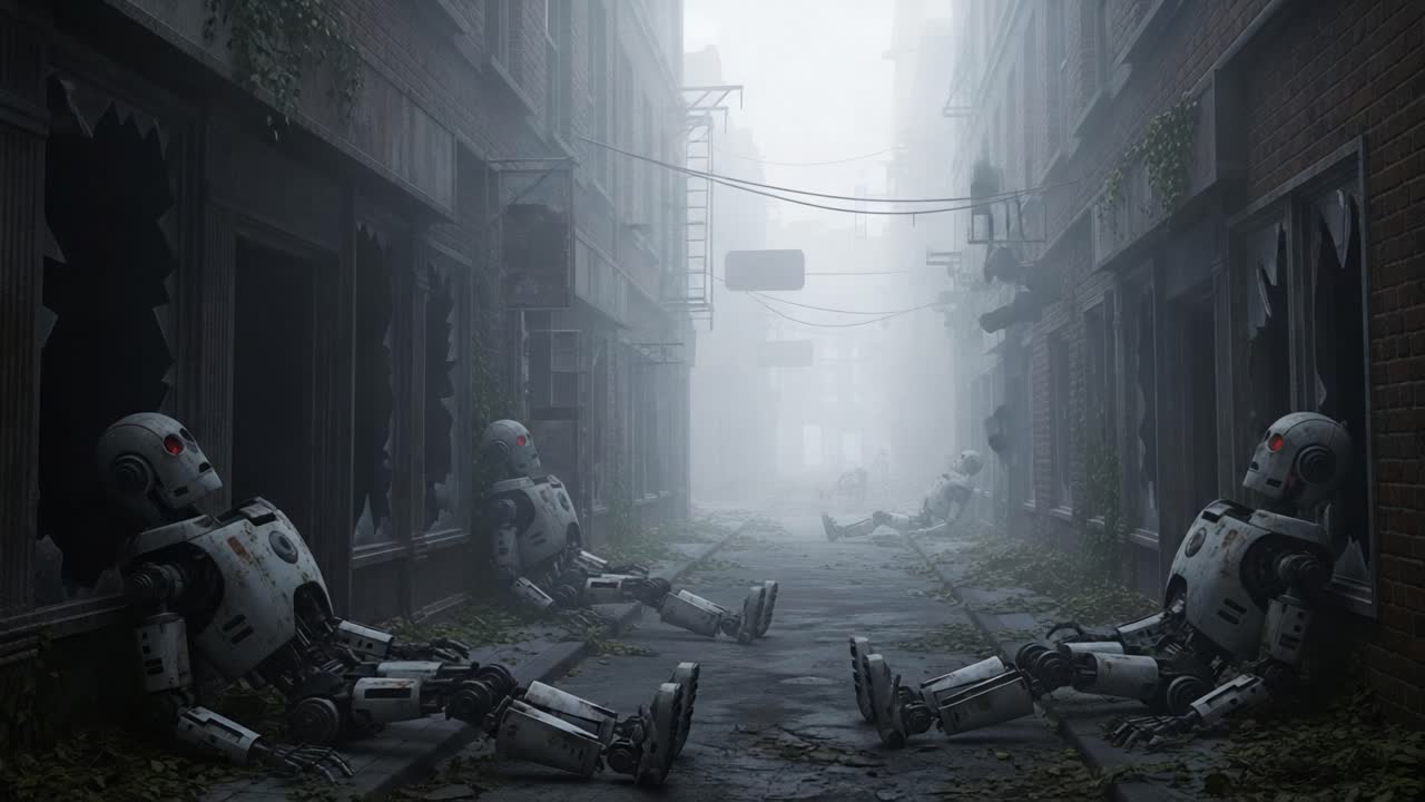 In a desolate urban landscape shrouded in mist, abandoned robots sit motionless among crumbling buildings, evoking a hauntingly eerie sense of forgotten technology and decay.
