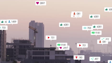 도시 풍경에서 점점 더 많은 수의 소셜 미디어 아이콘의 애니메이션