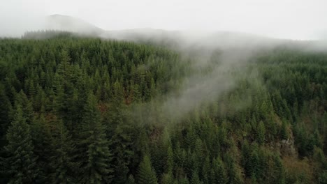 aerial through thin clouds near a forested ridge crowned with misty clouds, slow dramatic