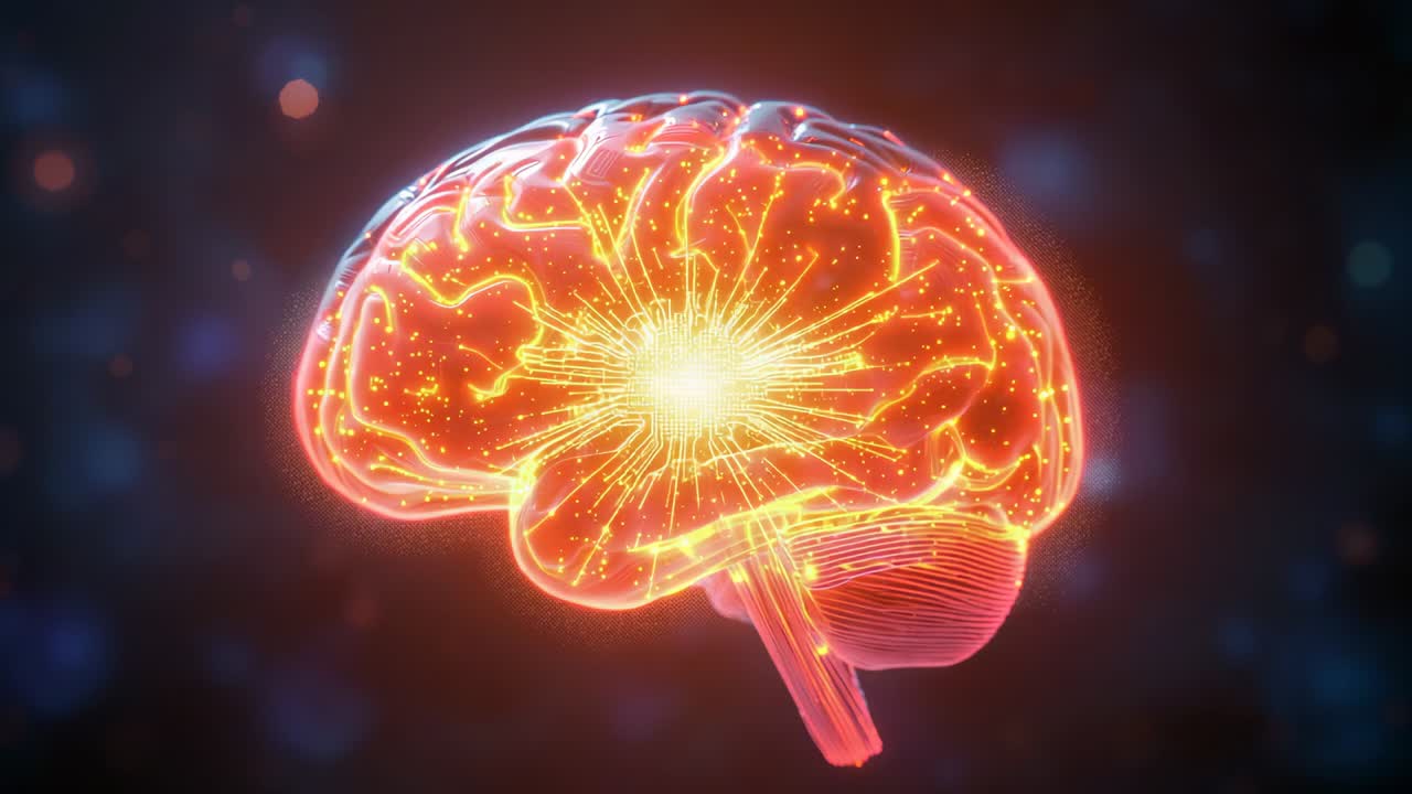 Emitting glowing pulse centrally and activating neural filaments, 3D brain floating amid bokeh orbs