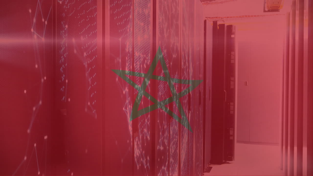Animation of flag of french morocco and digital data processing over computer servers