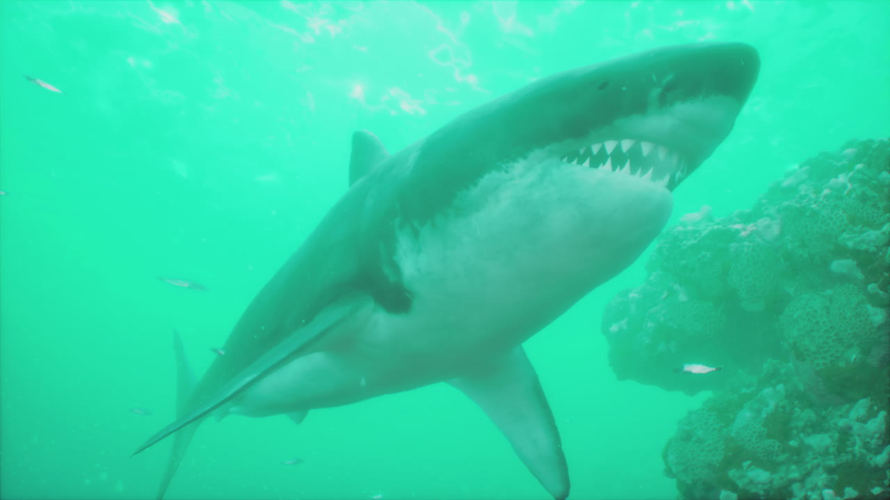Gran tiburón blanco bajo el agua