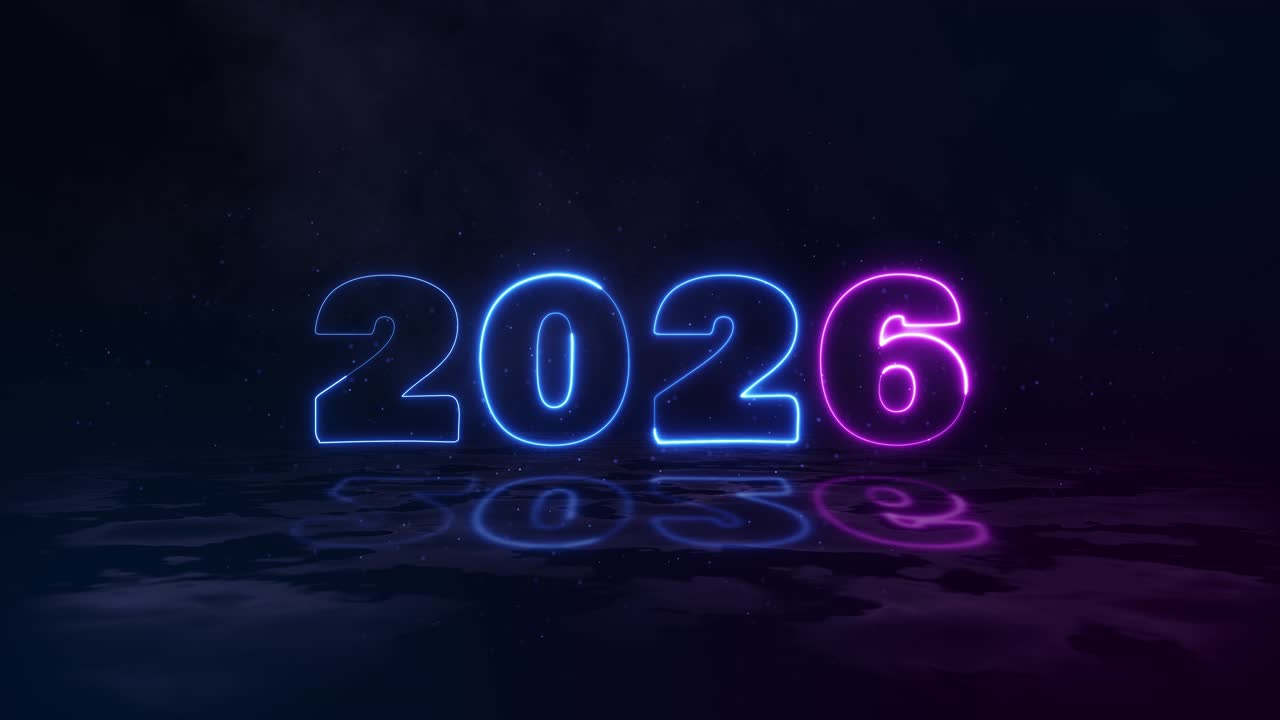 Glowing 2026 digits text animation blue neon background new year celebration futuristic technology