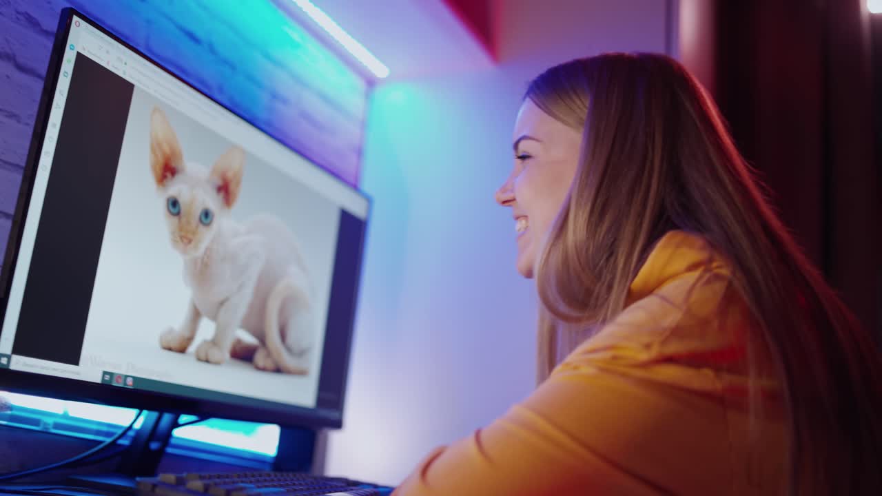 Side view of a woman in front of computer. Happy girl looking at the picture of a funny cat on a screen and admires it.