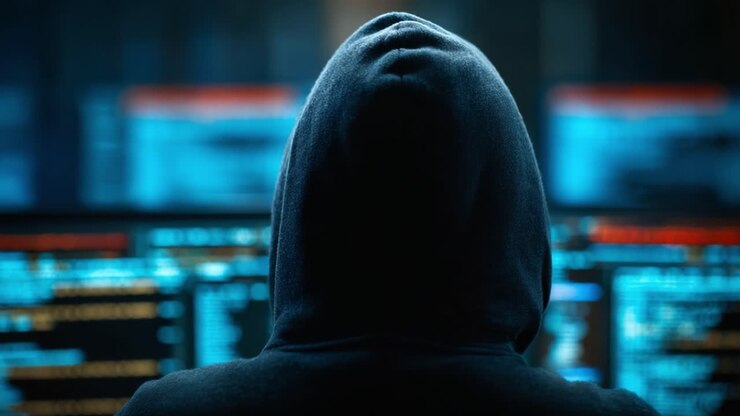 Una Figura Misteriosa con Felpa con Cappuccio Analizza Dati Digitali in un Ambiente High-Tech, Evidenziando Preoccupazioni sulla Sicurezza Informatica e il Mondo dell'Hacking