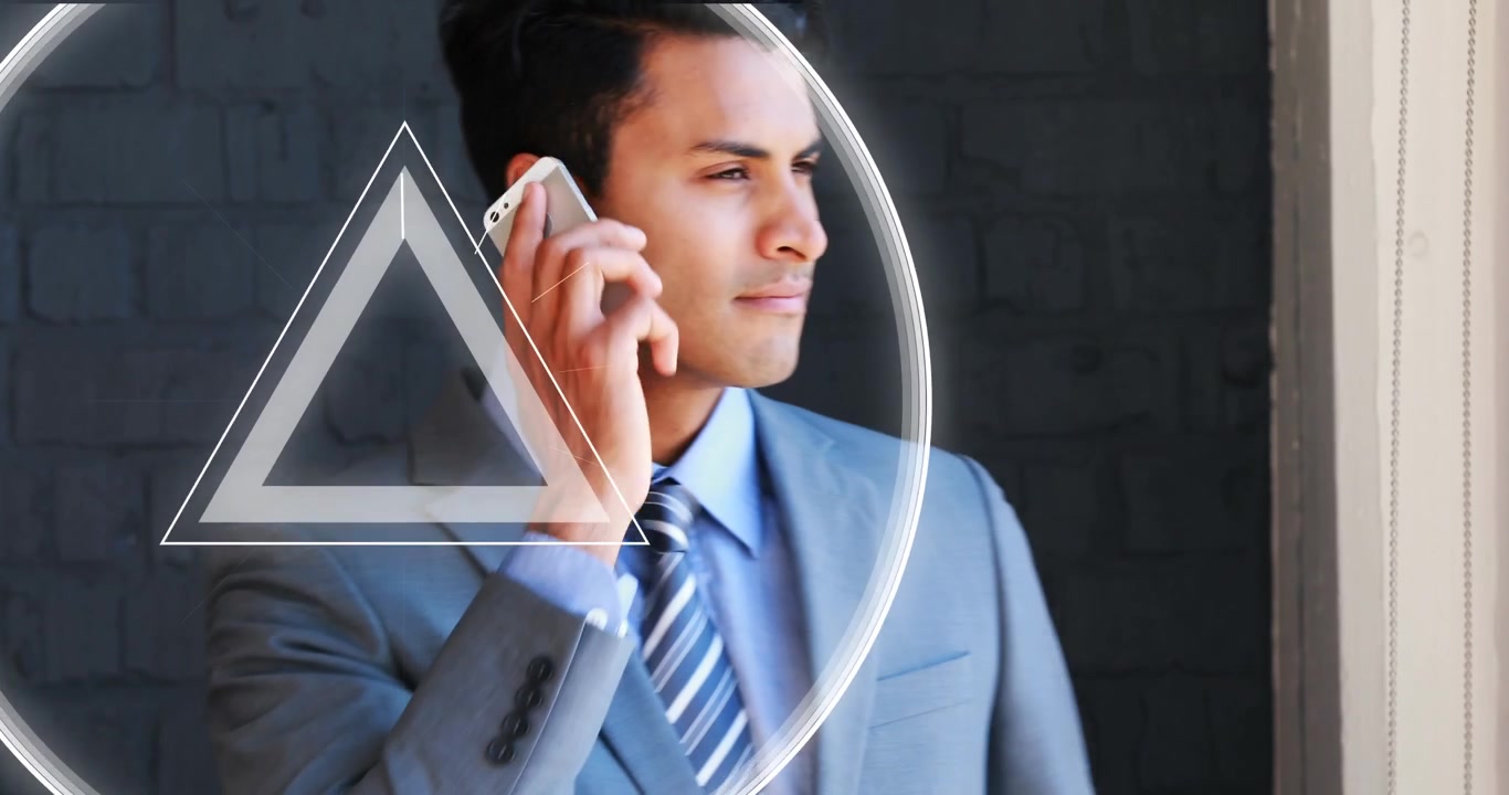Animation of abstract triangular shape pulsating over businessman talking on smartphone