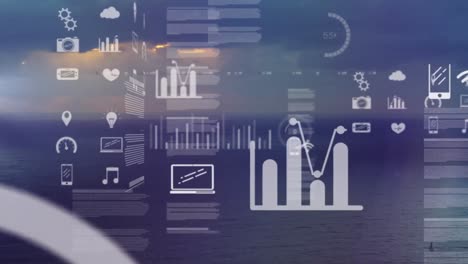 animation of graphical infographic interface over scenic view of seascape and horizon against sky
