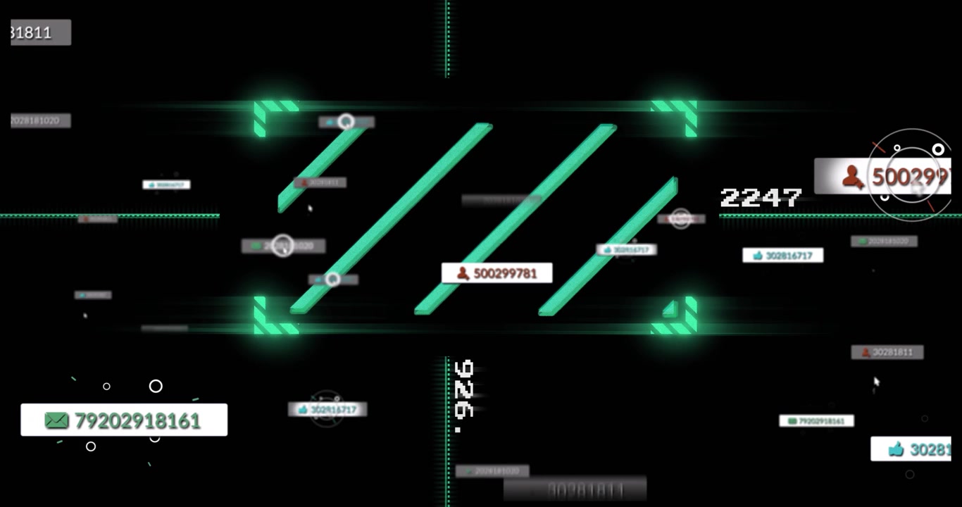 Opening animation showing neon-green grid extending crosshairs, drawing UI icons, updating metrics