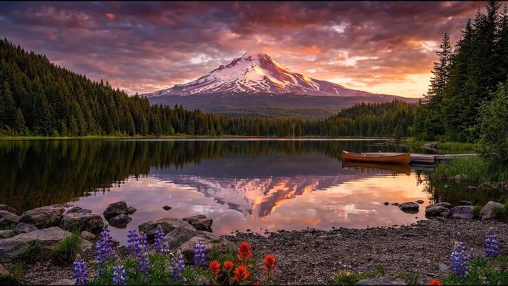 Paesaggio autunnale con il riflesso della montagna nel lago e una canoa di legno su acque calme.