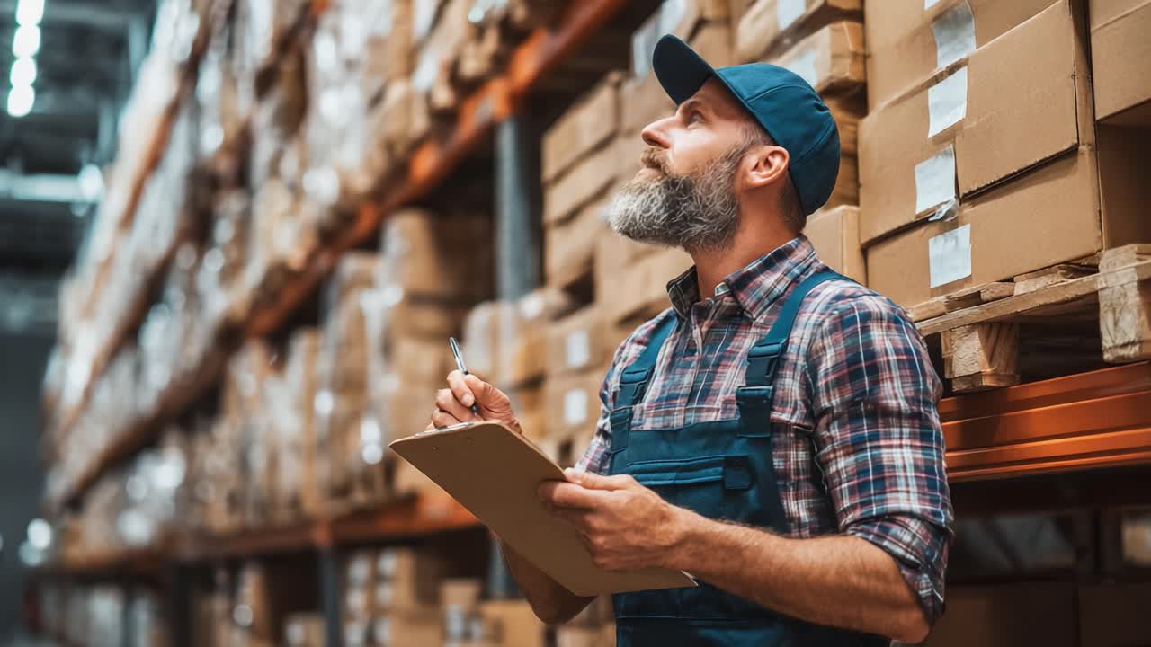 A diligent warehouse worker meticulously checking inventory amidst stacks of organized boxes, reflecting dedication to efficient logistics and operations in a bustling storage environment