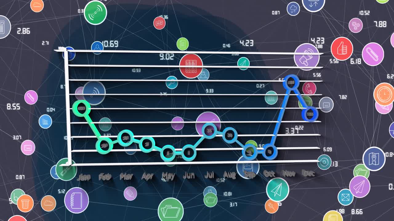 Animation of graph and network of connections over violet background