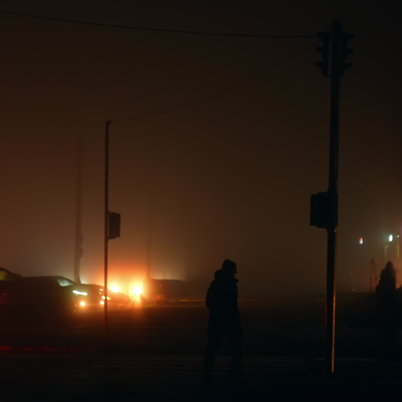 Dark silhouettes of people seen in the dim street light during the blackout. City at night during power absence
