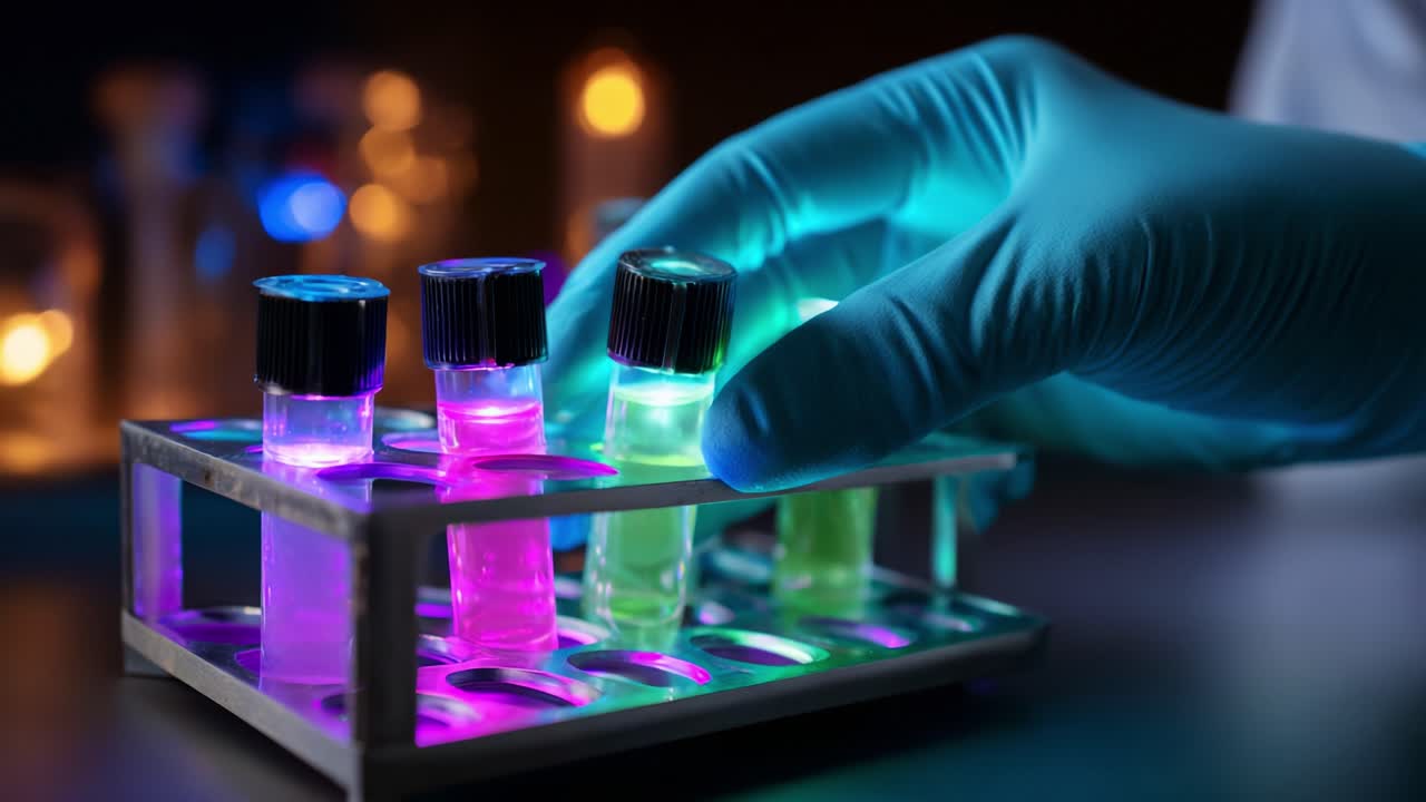 A Close-Up View of Colorful Fluorescent Test Tubes in a Laboratory, Showcasing Vibrant Fluids in a Scientific Setting with Lighting Effects for Engaging Laboratory Experiments and Observations