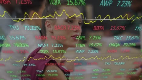 animación de tablero de comercio multicolor sobre mujer caucásica hablando con un compañero de trabajo en la oficina