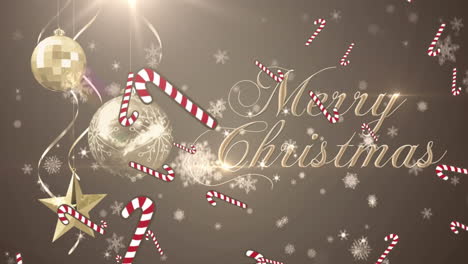 animation of gold merry christmas text and baubles, with falling snowflakes and candy canes on grey