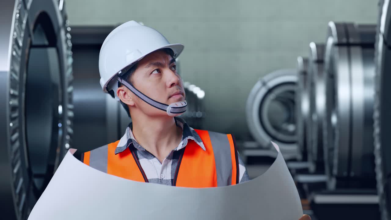 제조 시설에서 블루프린트를 검토하는 엔지니어