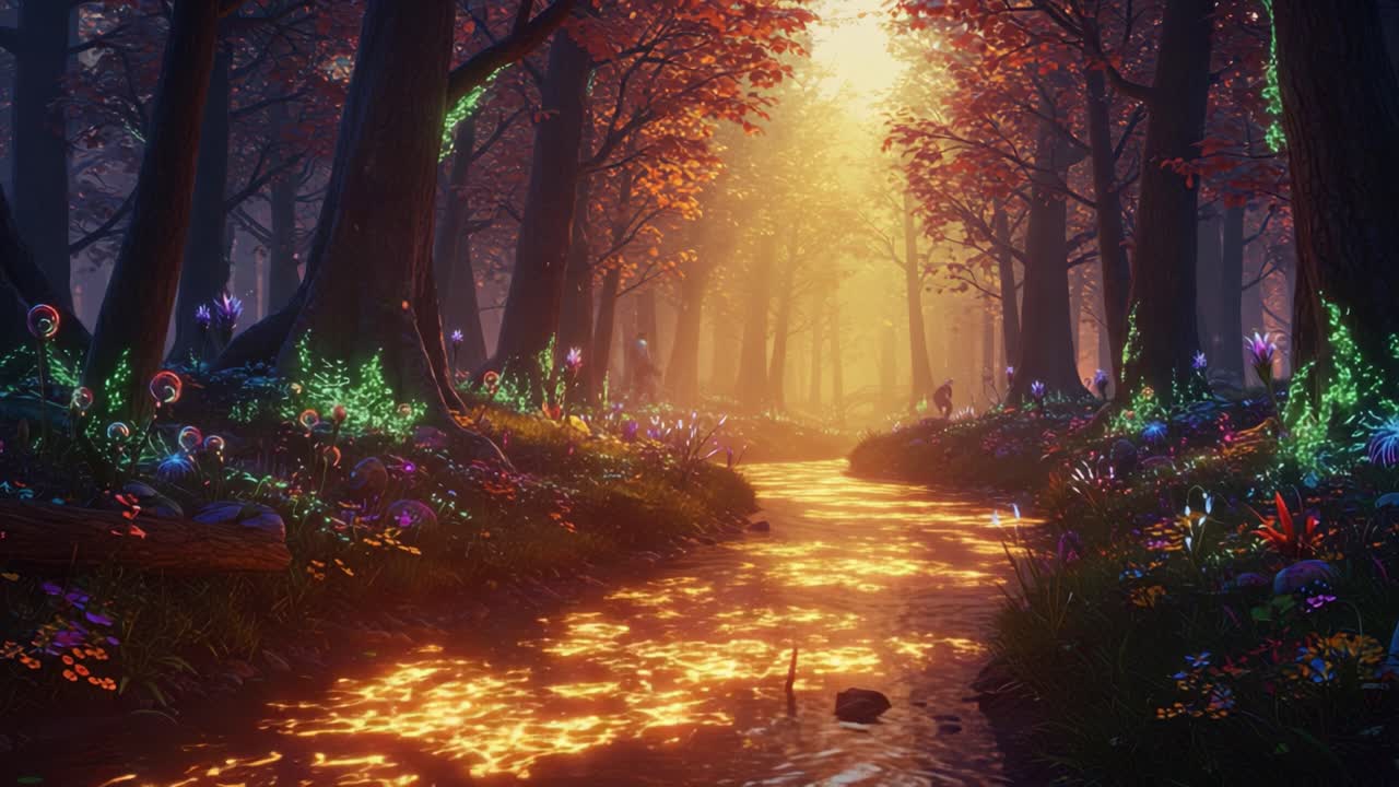 A Serene Journey Through a Magical Forest with Glowing Flora and a Shimmering Stream, Bathed in Golden Light and Enveloped by Nature's Splendor