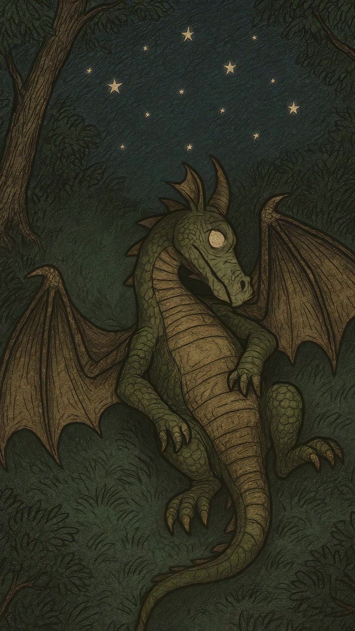 Illustrazione animata di un drago verde che riposa in una foresta di notte
