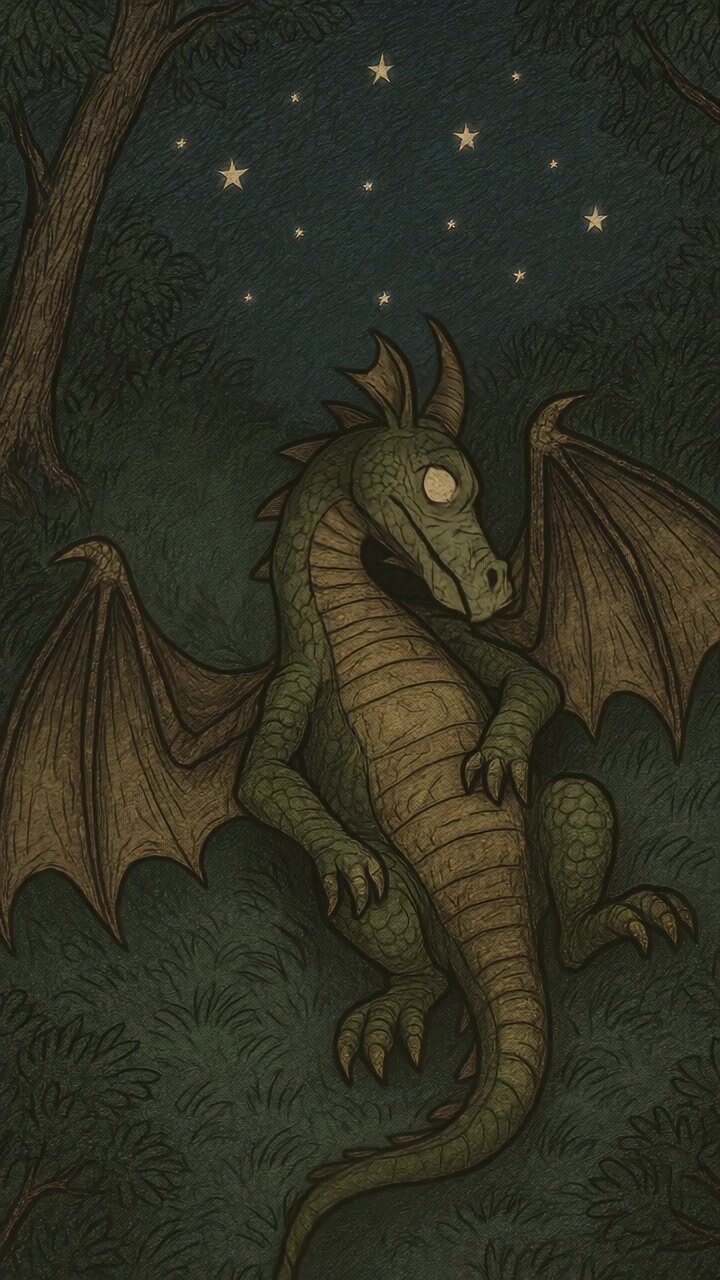 Illustrazione animata di un drago verde che riposa in una foresta di notte