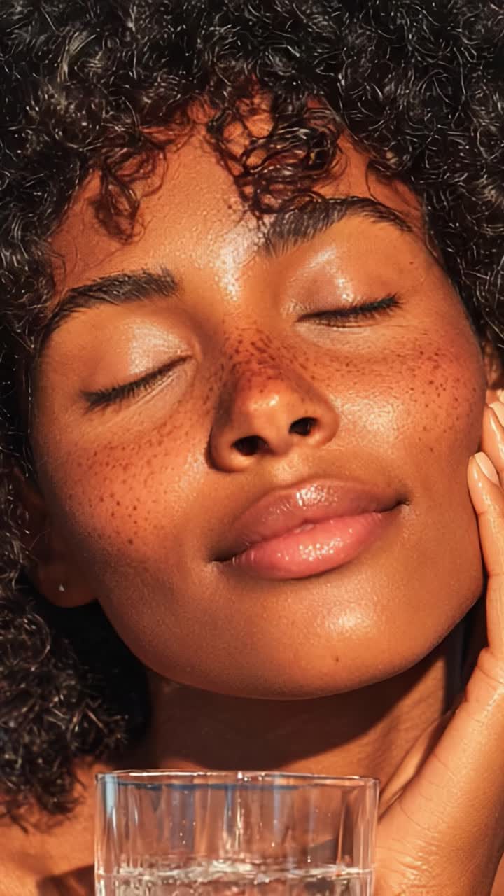 Uma jovem radiante desfrutando de água refrescante com uma expressão sonhadora, capturando a essência da beleza e da hidratação sob luz natural