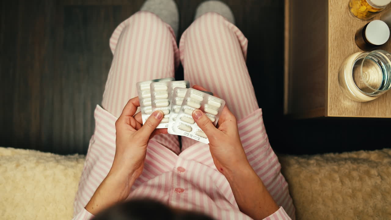 잠옷을 입고 약을 먹는 여자