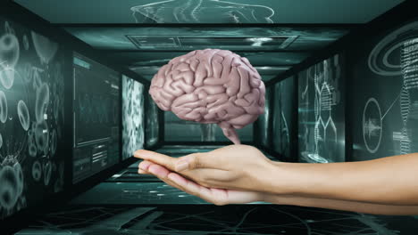animación de cerebro 3d con pantalla de escaneo de científico en el fondo