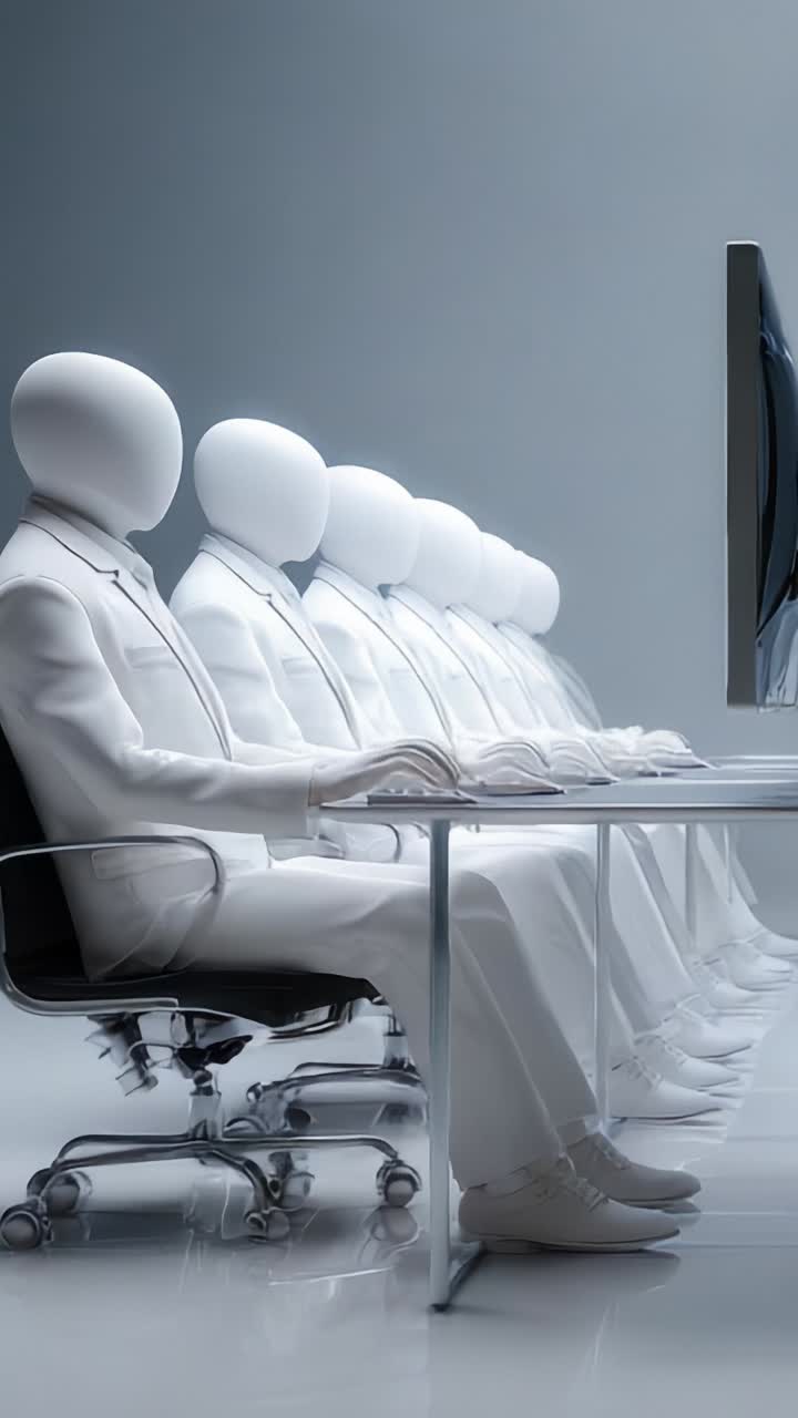 Sleek, Futuristic Workspace with Stylized Human Figures Engaged in Digital Interaction, Highlighting Modern Technology and Minimalistic Design in a Professional Environment