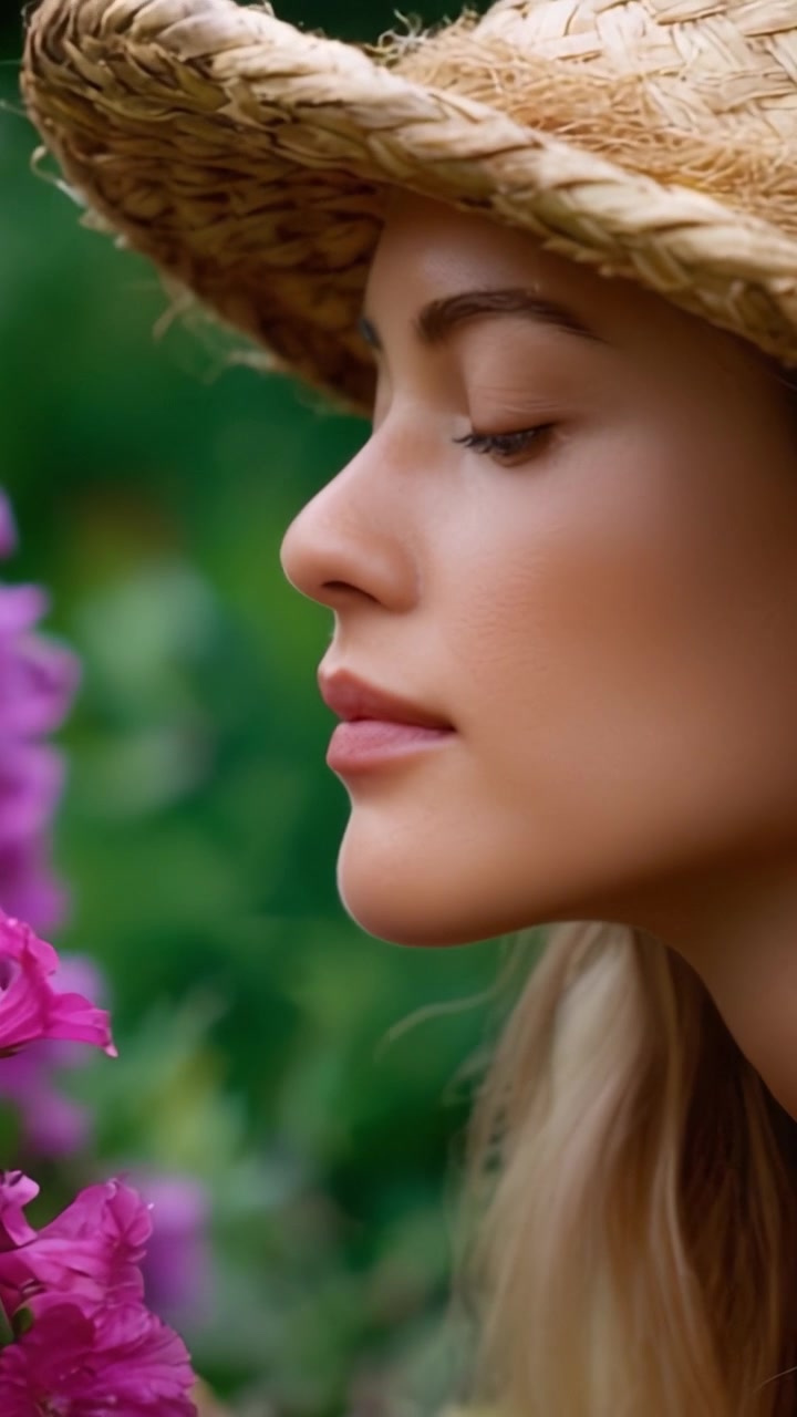 Un momento sereno tra i fiori: catturare l'essenza della bellezza e della natura con una giovane donna che si gode un incontro floreale sotto la luce del sole