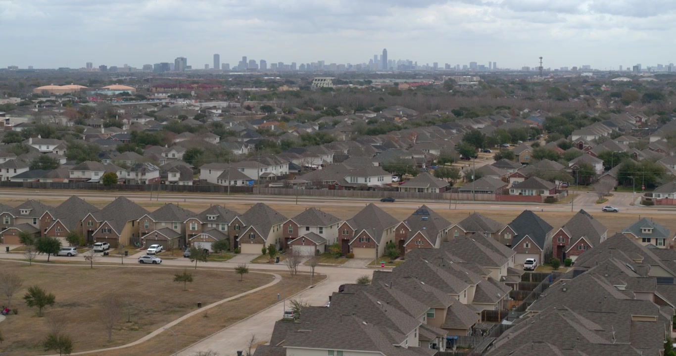 Aerial drone view of peaceful residential homes in the Mission Bend area of Houston, Texas. Perfect for real estate and community lifestyle content