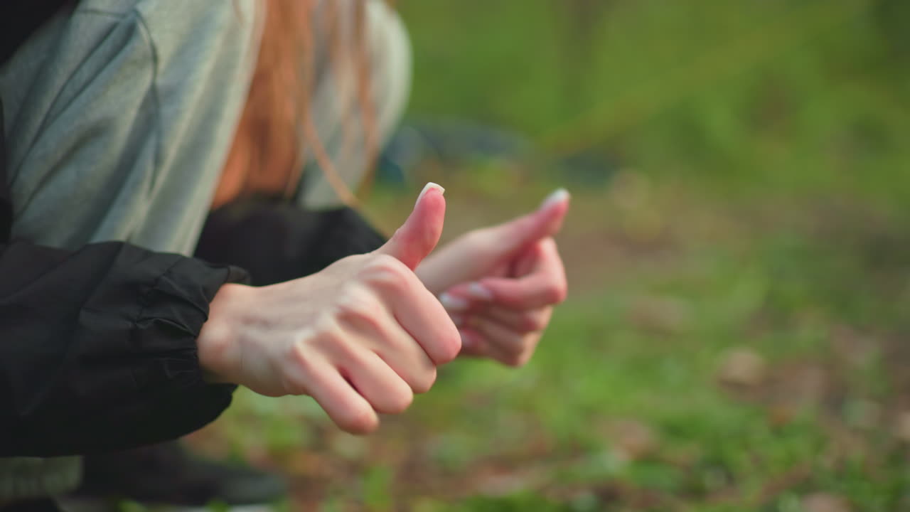 Close up of woman squatting outdoors dusting hands with visible manicured nails after finishing tent setup activity in forest environment surrounded by greenery