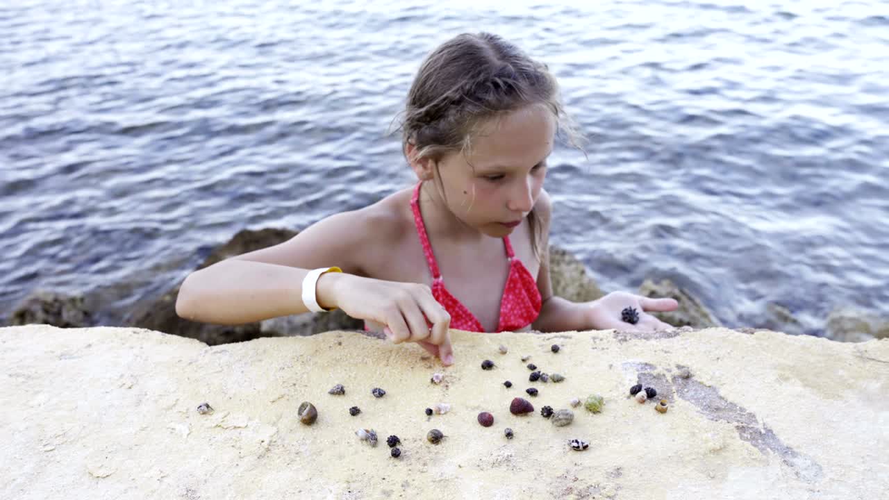 해변에서 페구로이다와 놀고 있는 소녀